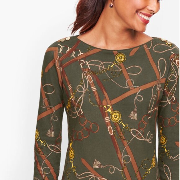 Talbots Olive Green Cotton Equestrian Print Shift Dress Preppy Old Money Sz L - Picture 2 of 7